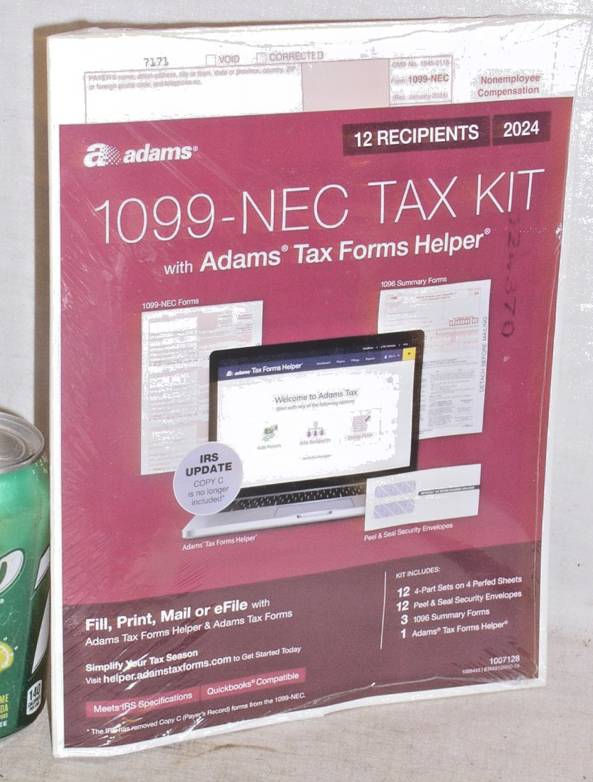 SEALED 2024 ADAMS 1099-NEC TAX KIT FORMS 4-PART 12 RECIPIENTS+SUMMERY+HELPER