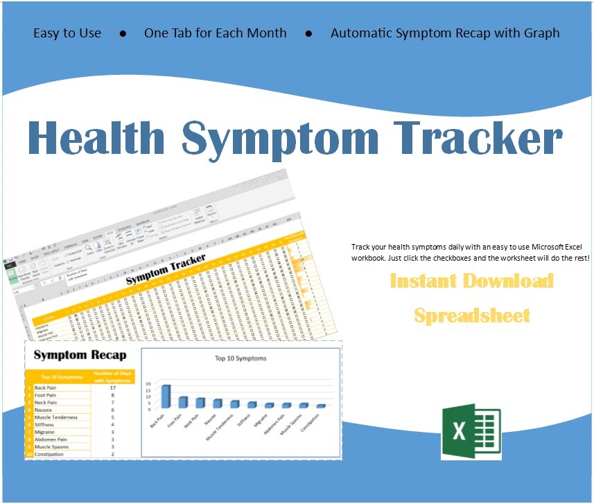 Easy to Use Health Symptom Tracker Excel Workbook Spreadsheet Template