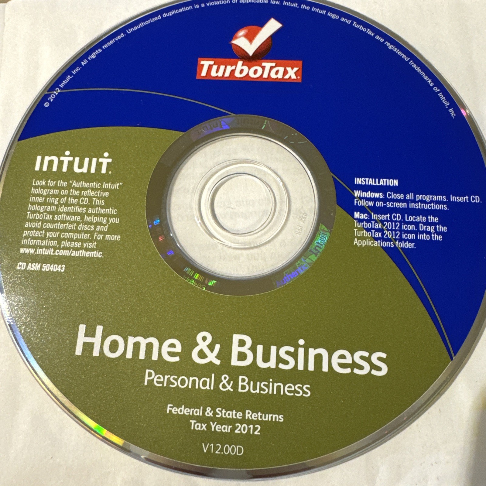 Intuit Turbo Tax 2012 Personal and Business Home and Business Software CD only
