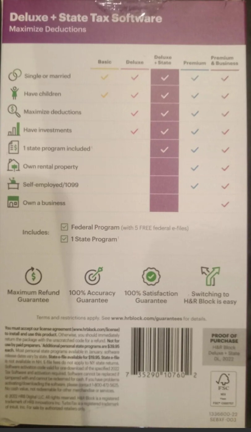 H&R Block 2022 Tax Software Deluxe + State NEW