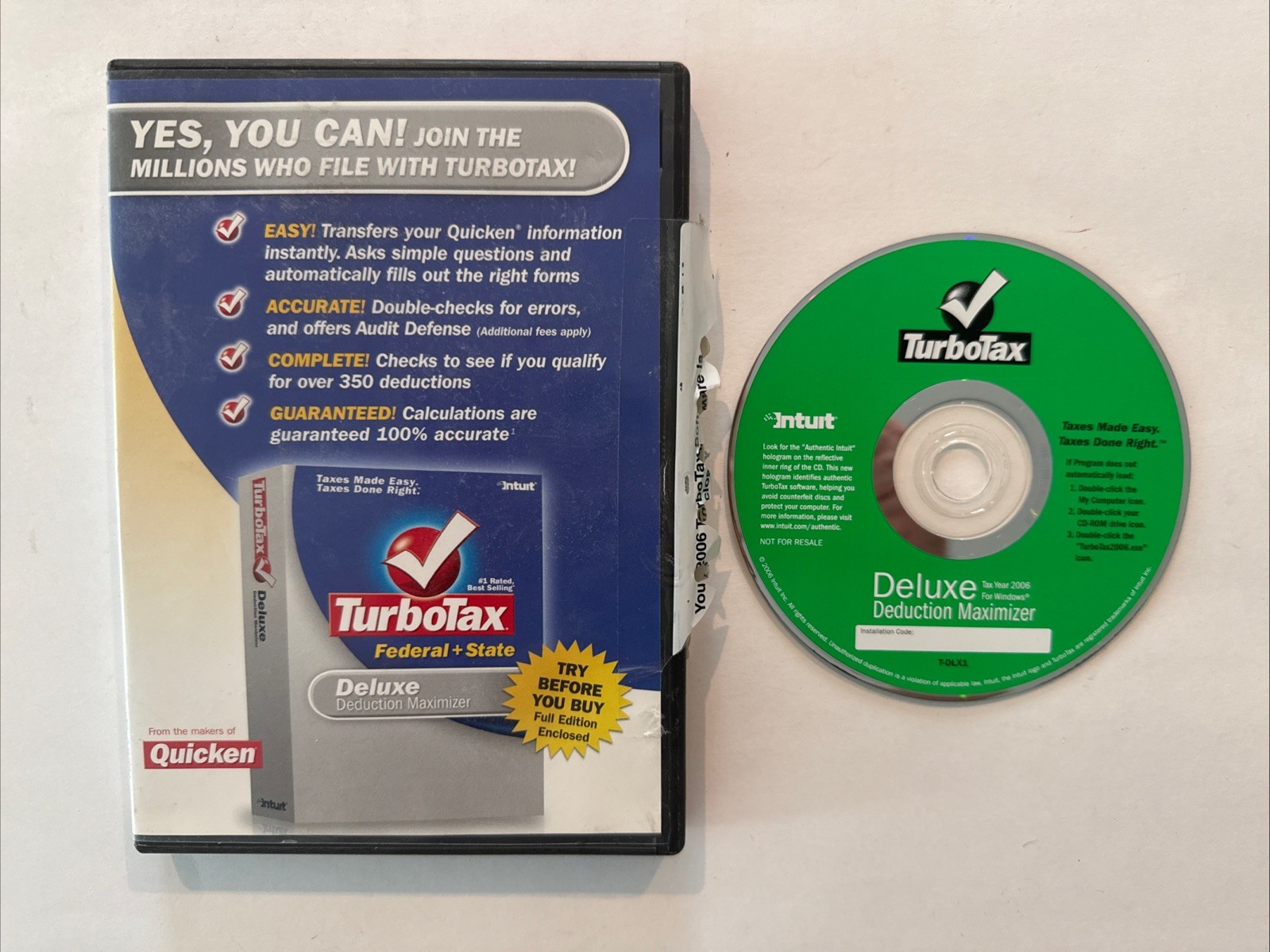 TurboTax Deluxe 2006 Trial CD Intuit Vintage Tax Software w/ Case Not For Resale