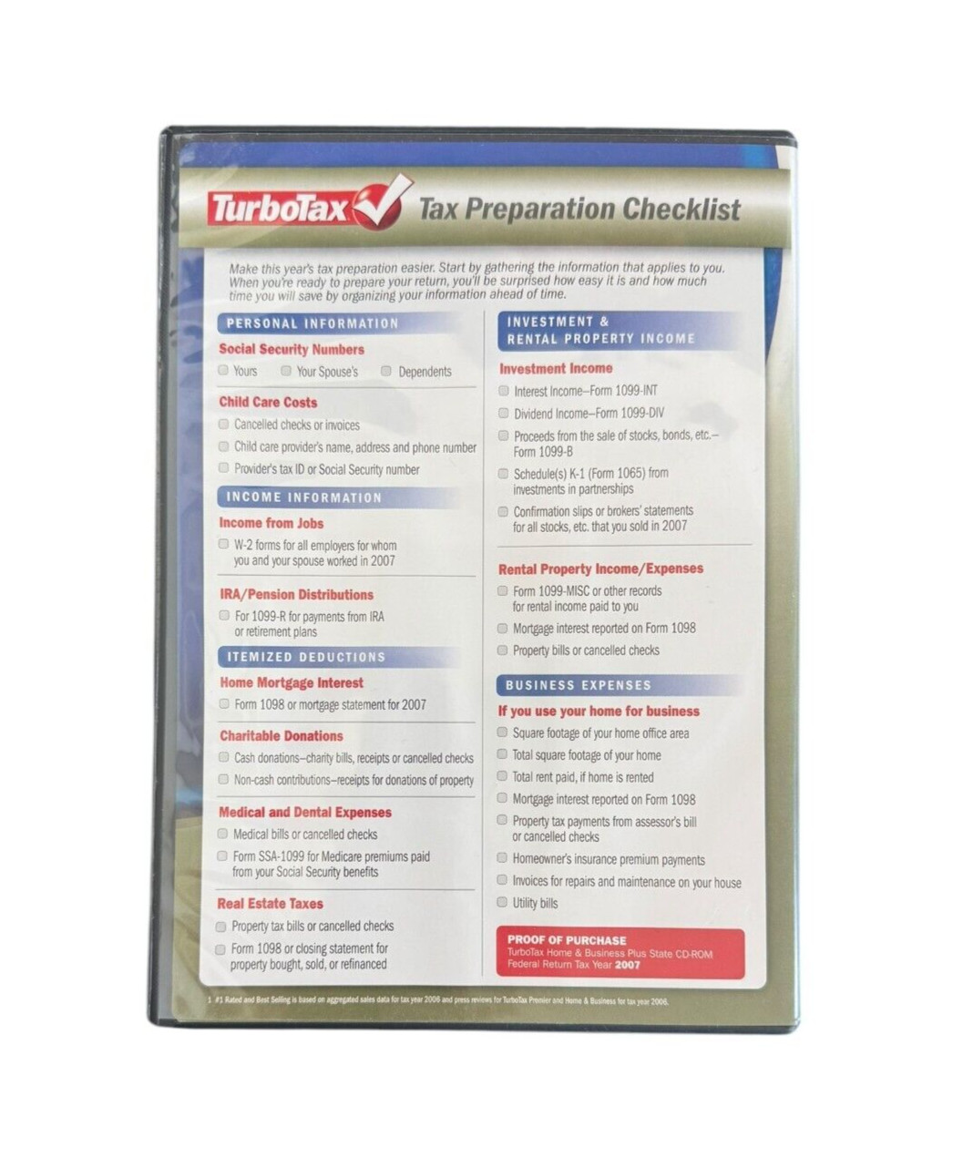 TurboTax Home & Business Tax Year 2007 Federal+State for Windows & Mac