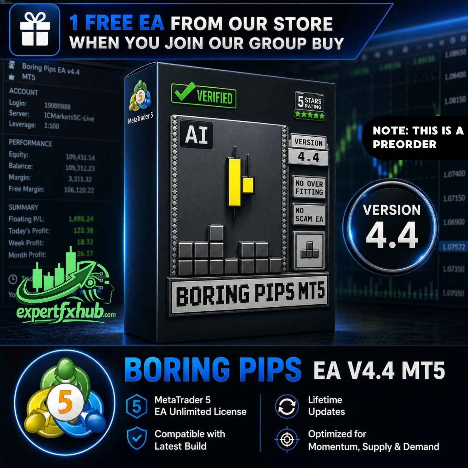 v4.4 Boring Pips EA Metatrader MT5 Forex Bot Trading Robot MQL5 Expert Advisor
