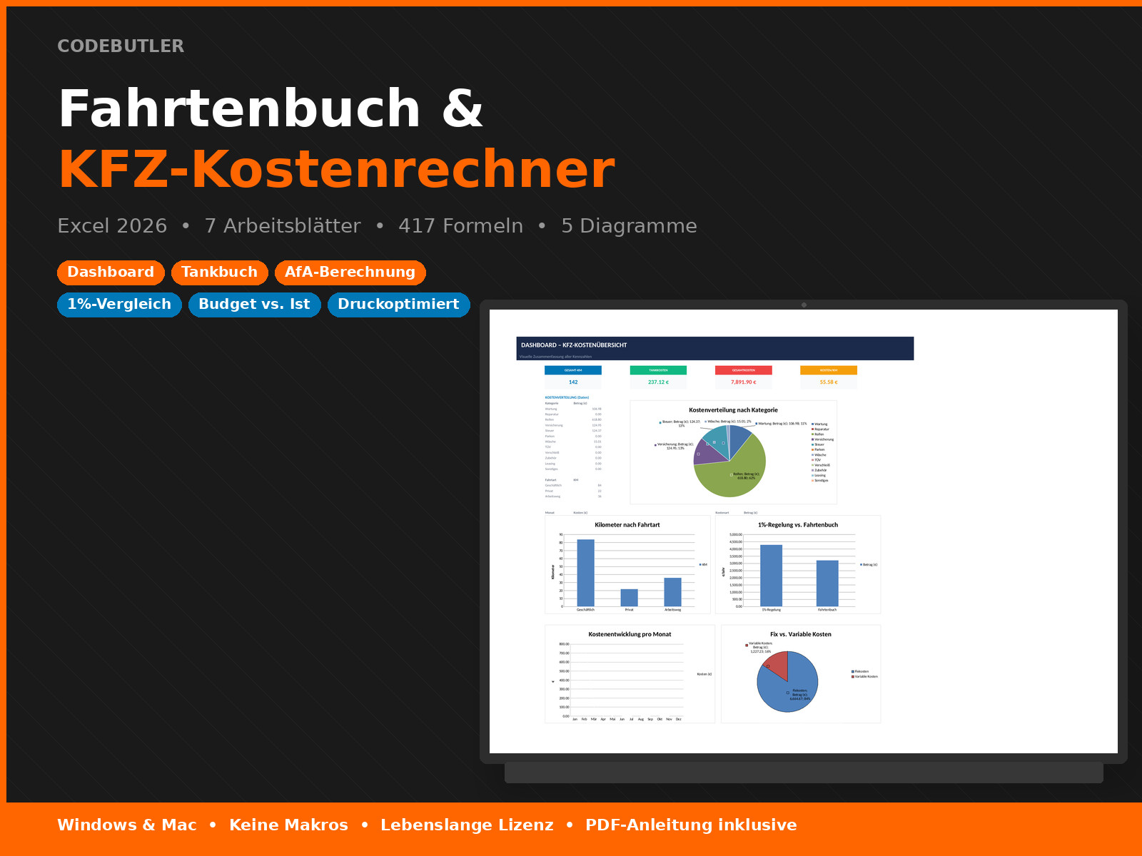 Logbook + car cost calculator Excel 2026 | company car car cost dashboard PC