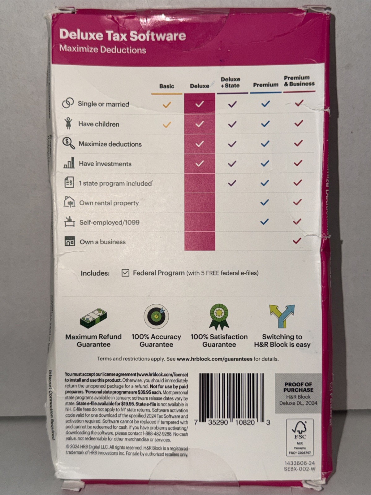 H&R Block Tax Software Deluxe 2024 federal only PC/Mac (Key Card in the Box) FS
