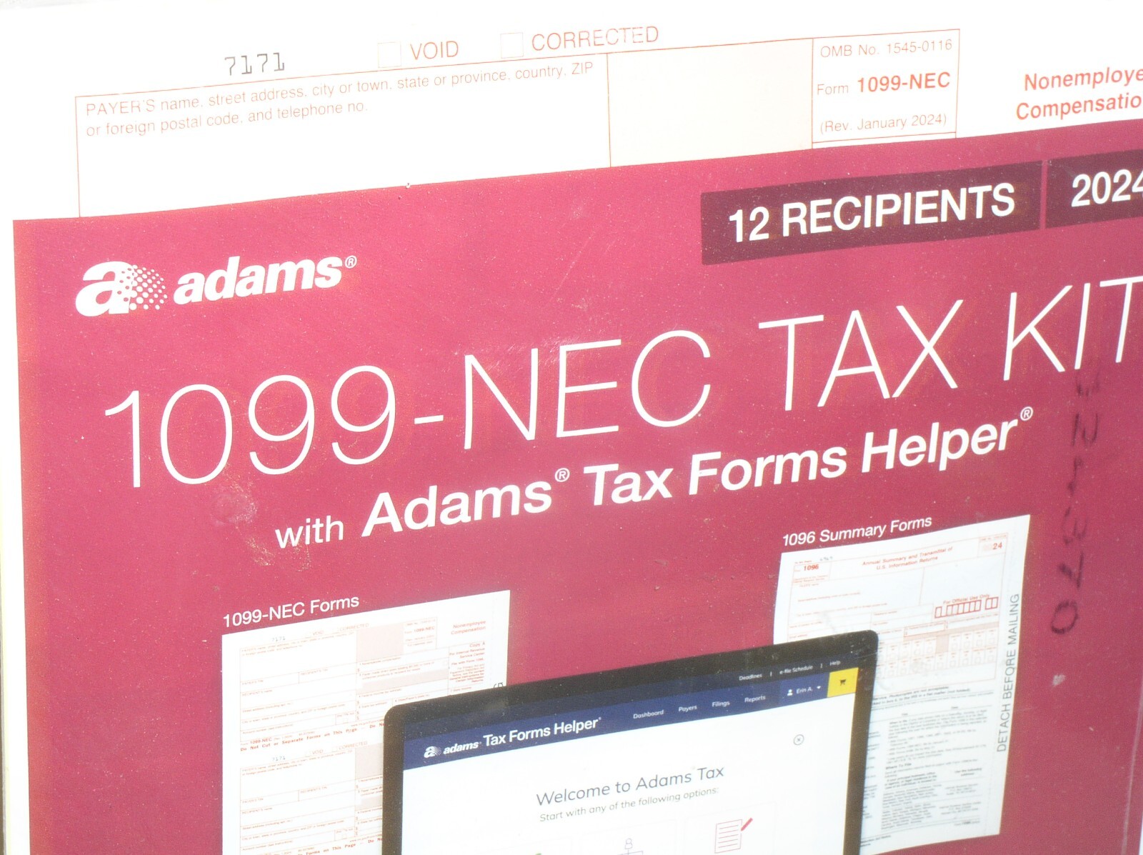 SEALED 2024 ADAMS 1099-NEC TAX KIT FORMS 4-PART 12 RECIPIENTS+SUMMERY+HELPER