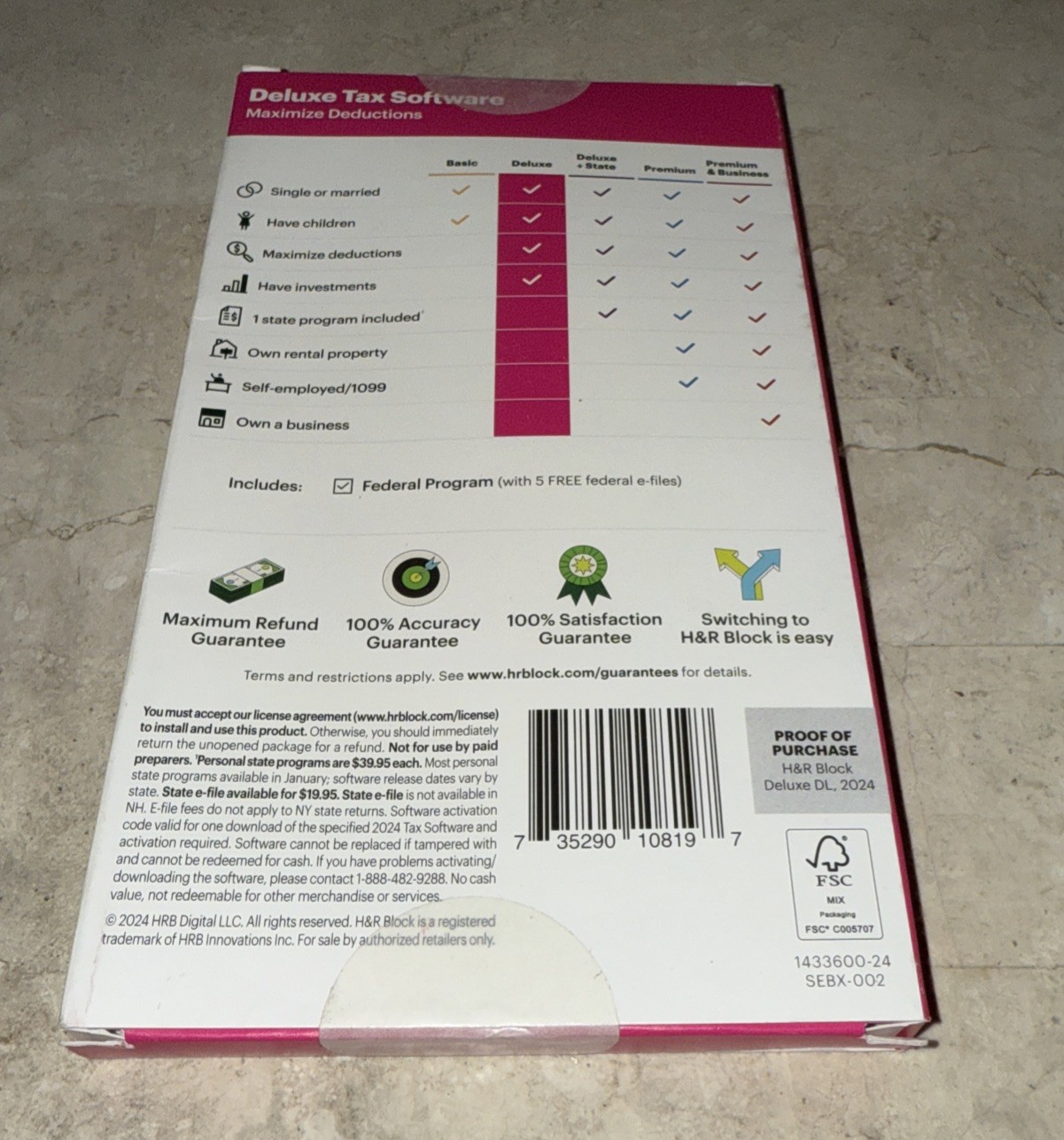 H&R Block 2024 Tax Software Deluxe Federal Only PC Win/Mac Key Card in Box NEW