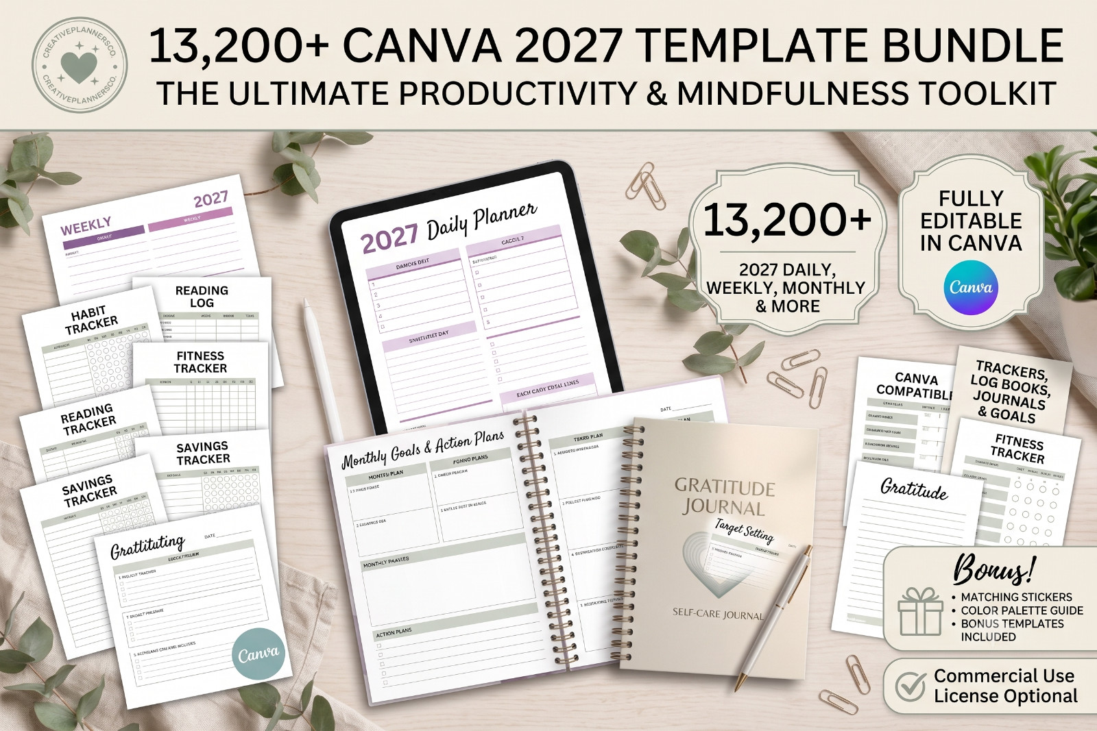 2027 Daily Weekly Monthly Planner Bundle, Canva Editable Pages