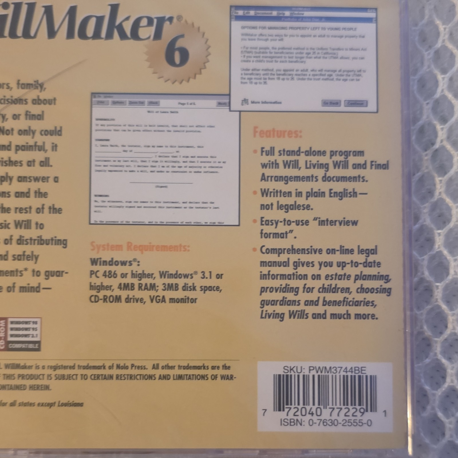SmartSaver WillMaker 6 Home Legal Software CD for Windows 3.1/95/98
