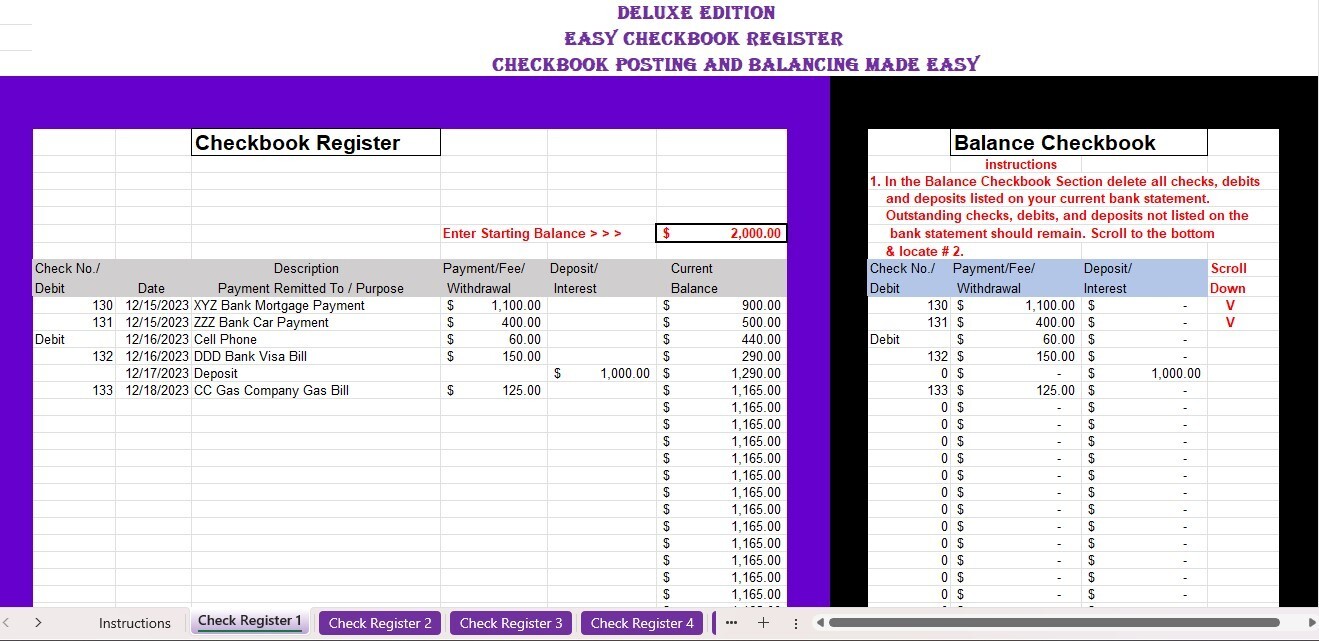 Checkbook Register Excel Spreadsheet, For PC or Android + FREE Budget Template