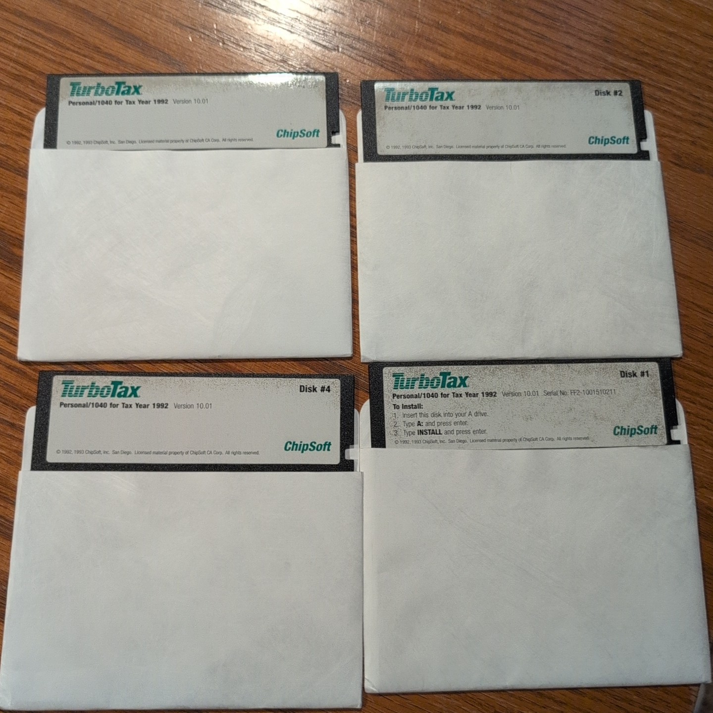 TurboTax Personal 1040 Tax Year 1992 Version 10.01 ChipSoft 5.25″ Floppy 1 2 3 4