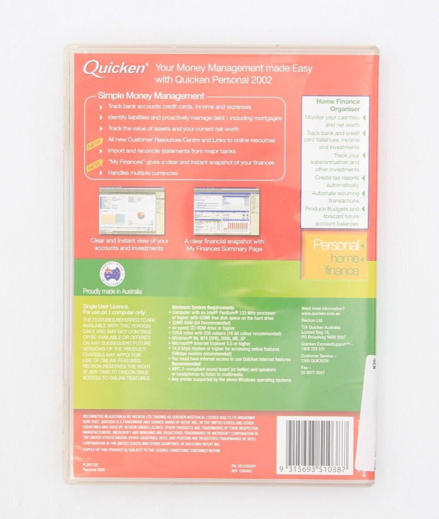QUICKEN PERSONAL Finance Accounting Software 2002 FULL VERSION Genuine Vintage