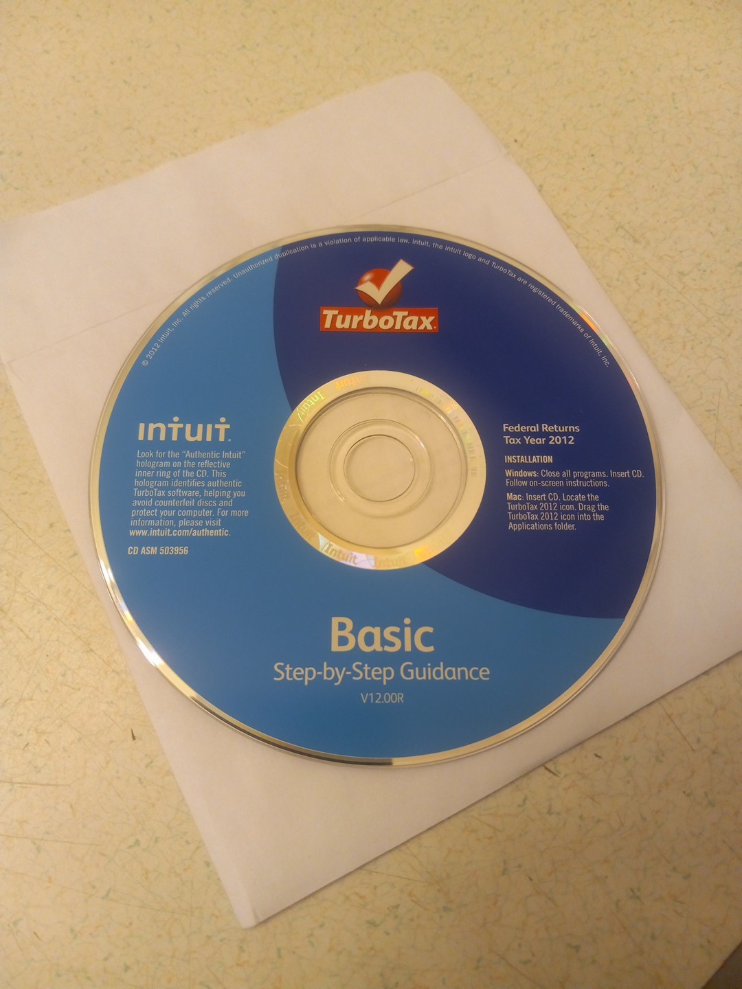 Intuit Turbotax Basic For Federal Returns Year 2012 Software Disc Only
