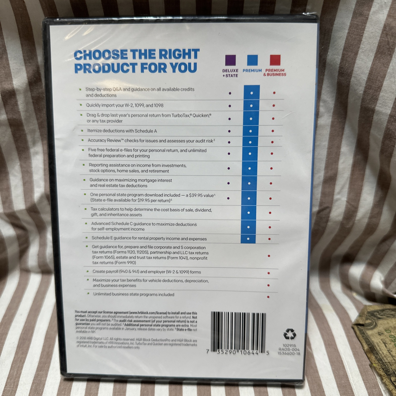 2018 H&R Premium Self Employed/Rental 2018 Tax Software Fed/State Turbotax CD