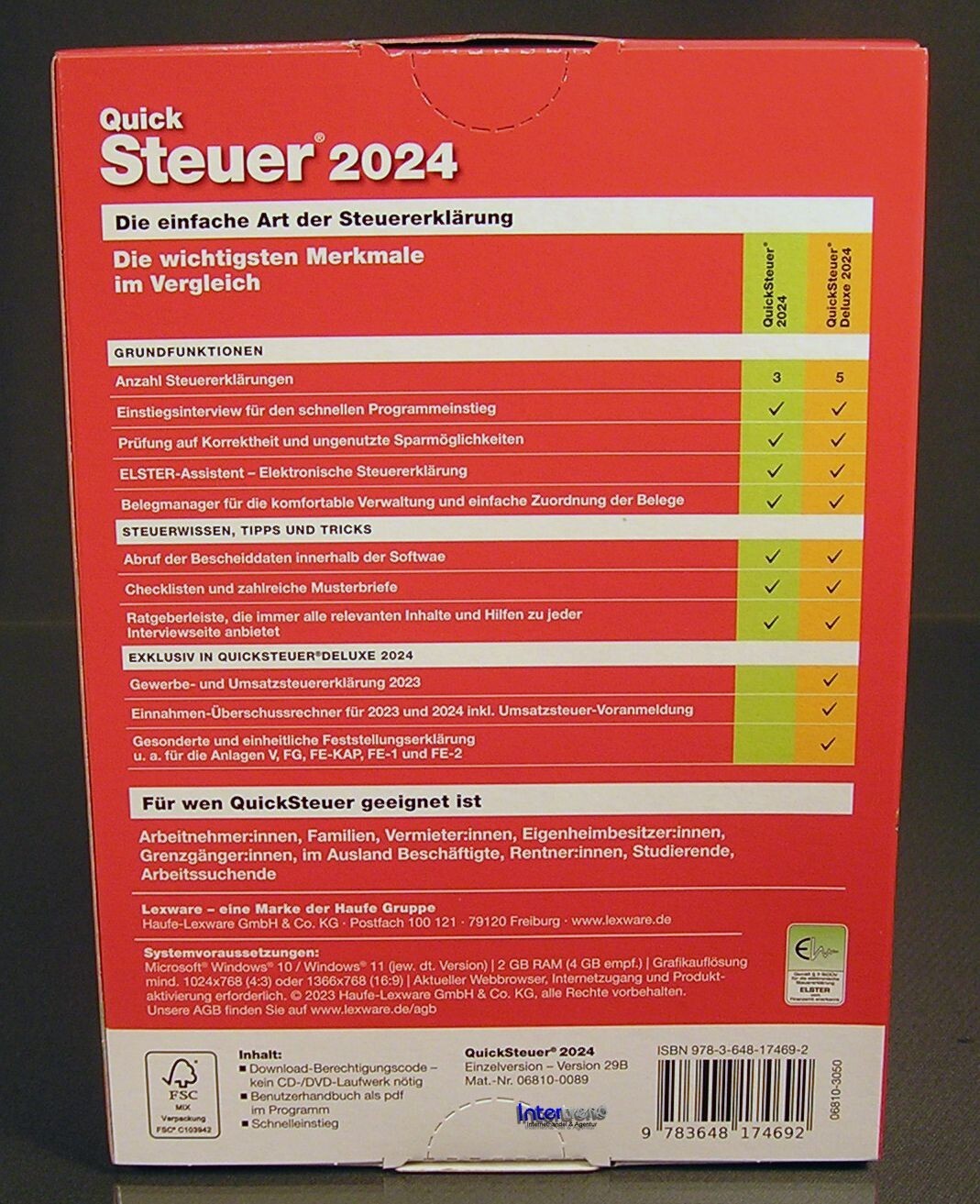 Lexware QuickSteuer 2024 Vollversion Box, Handbuch (PDF) Steuerjahr 2023 OVP NEU