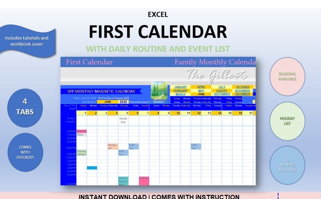 Excel Simple Customizable Automated First Calendar 2025 Scheduling