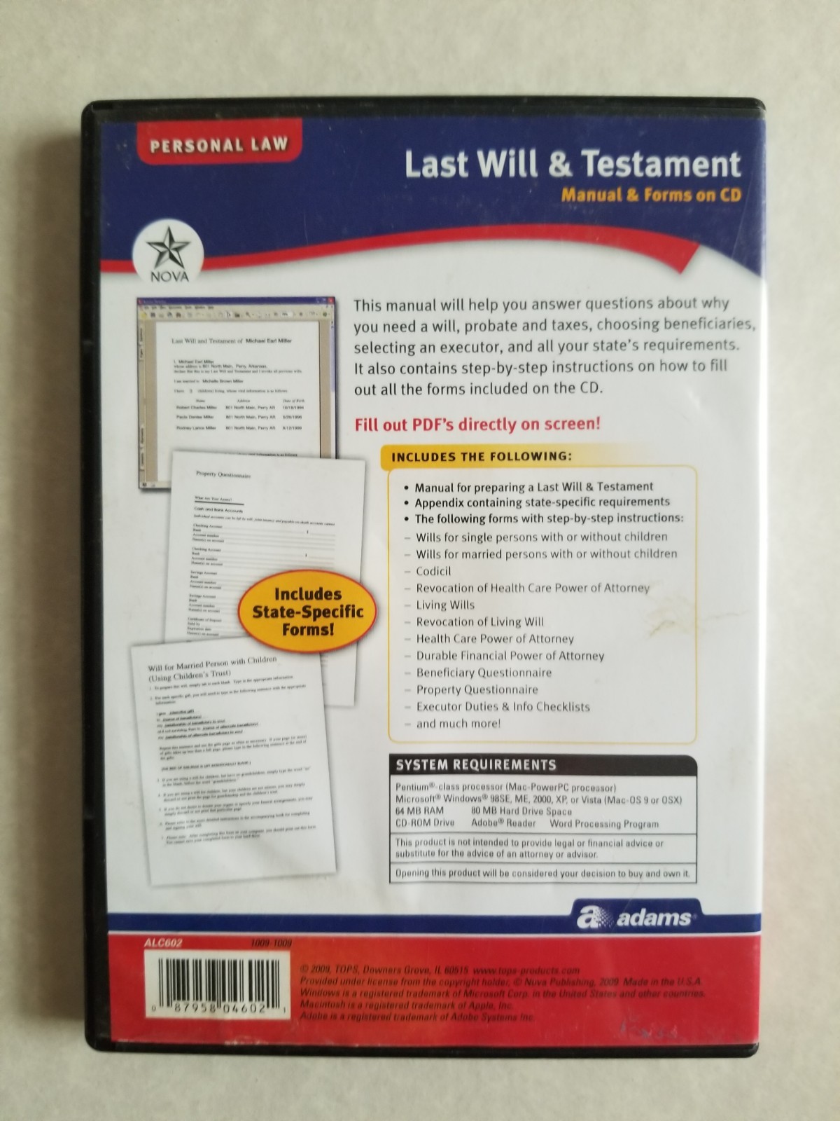 Adams Last Will & Testament Manual & Forms on CD Personal Law Attorney Approved