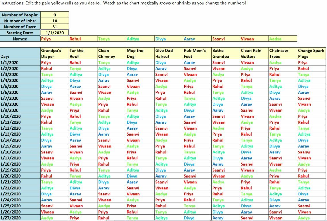 Monthly/Weekly/Daily Job Rotation Excel Template