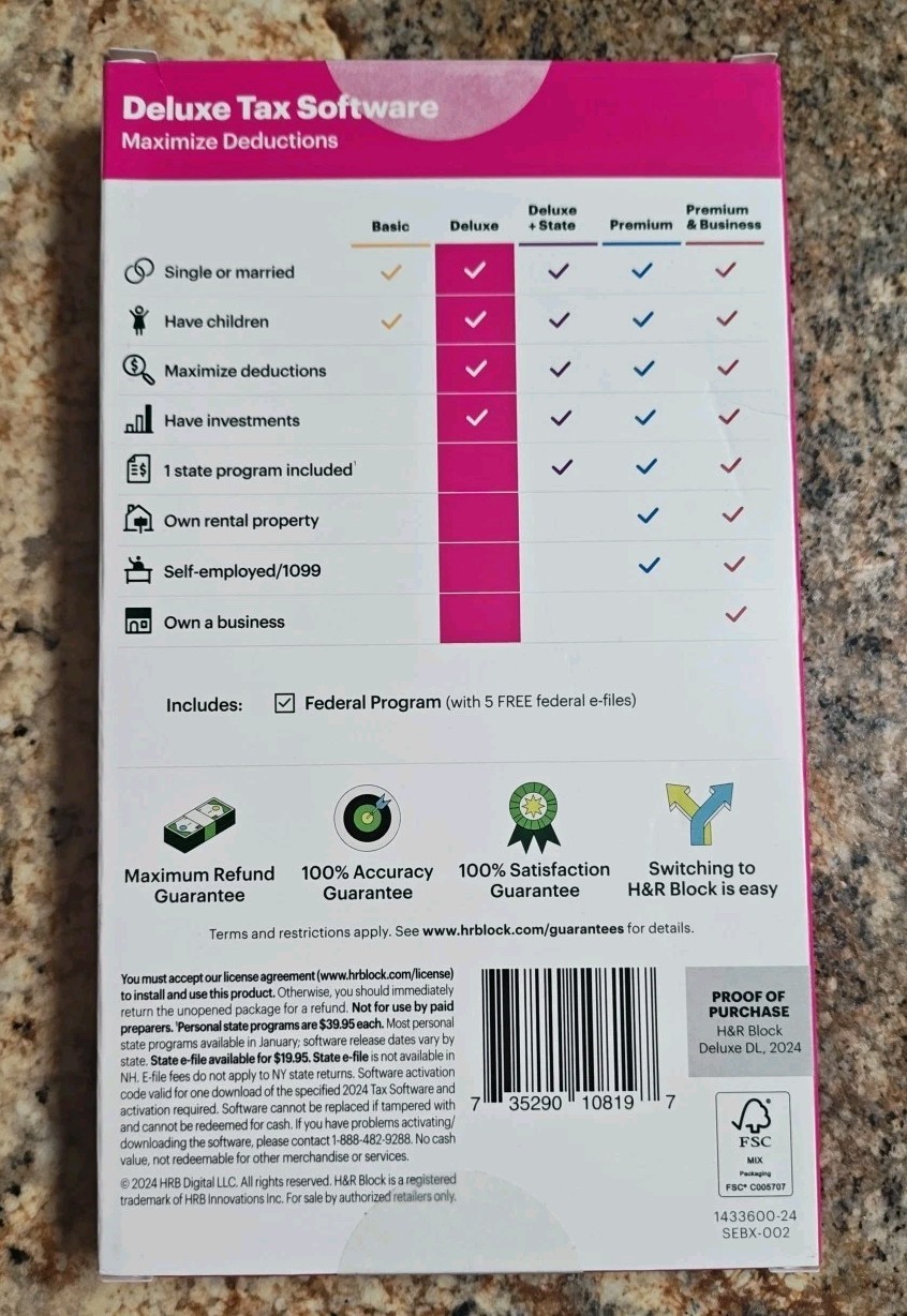 H&R Block 2024 Deluxe Federal Only Key Card Brand New 1433606-24