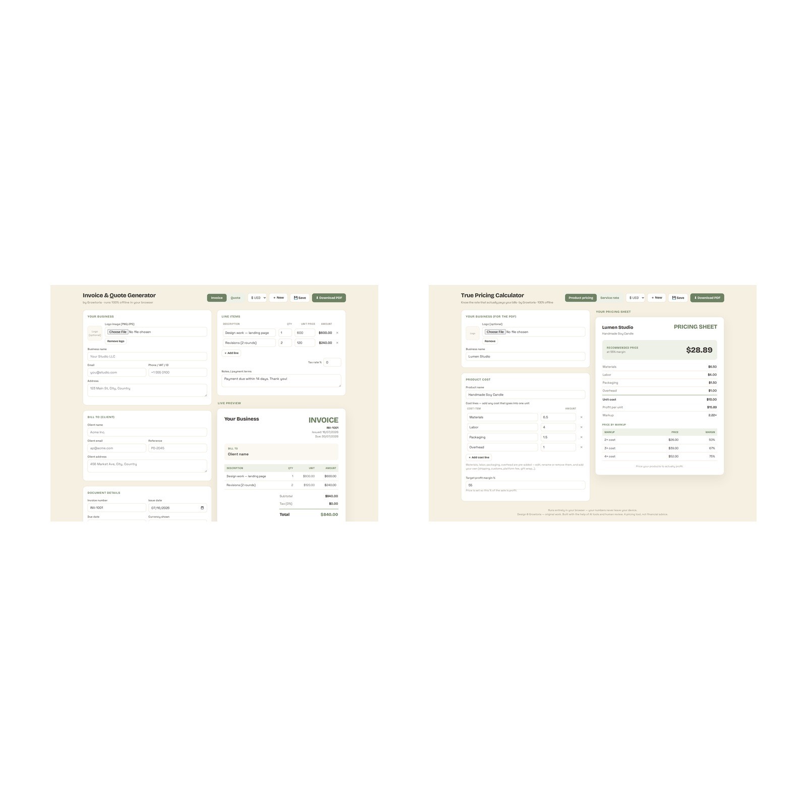 Freelancer Small Business Software Bundle Invoice Generator Pricing Calculator
