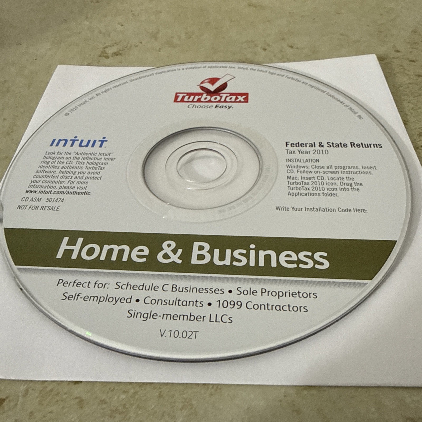 Turbotax Home and Business 2010 Federal & State Schedule C For Windows & Mac