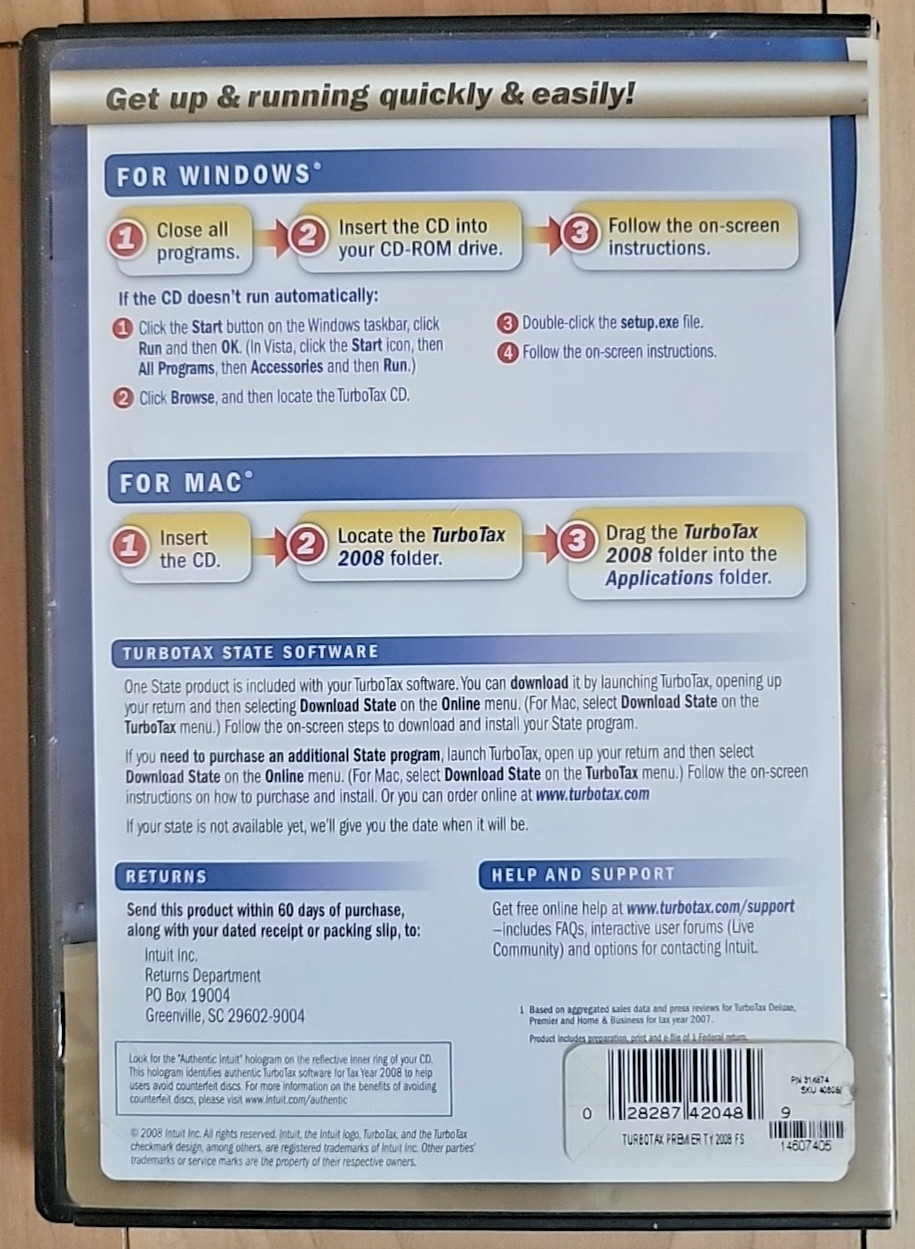 Intuit TurboTax 2008 Premier Federal + State Investments & Rental Property READ