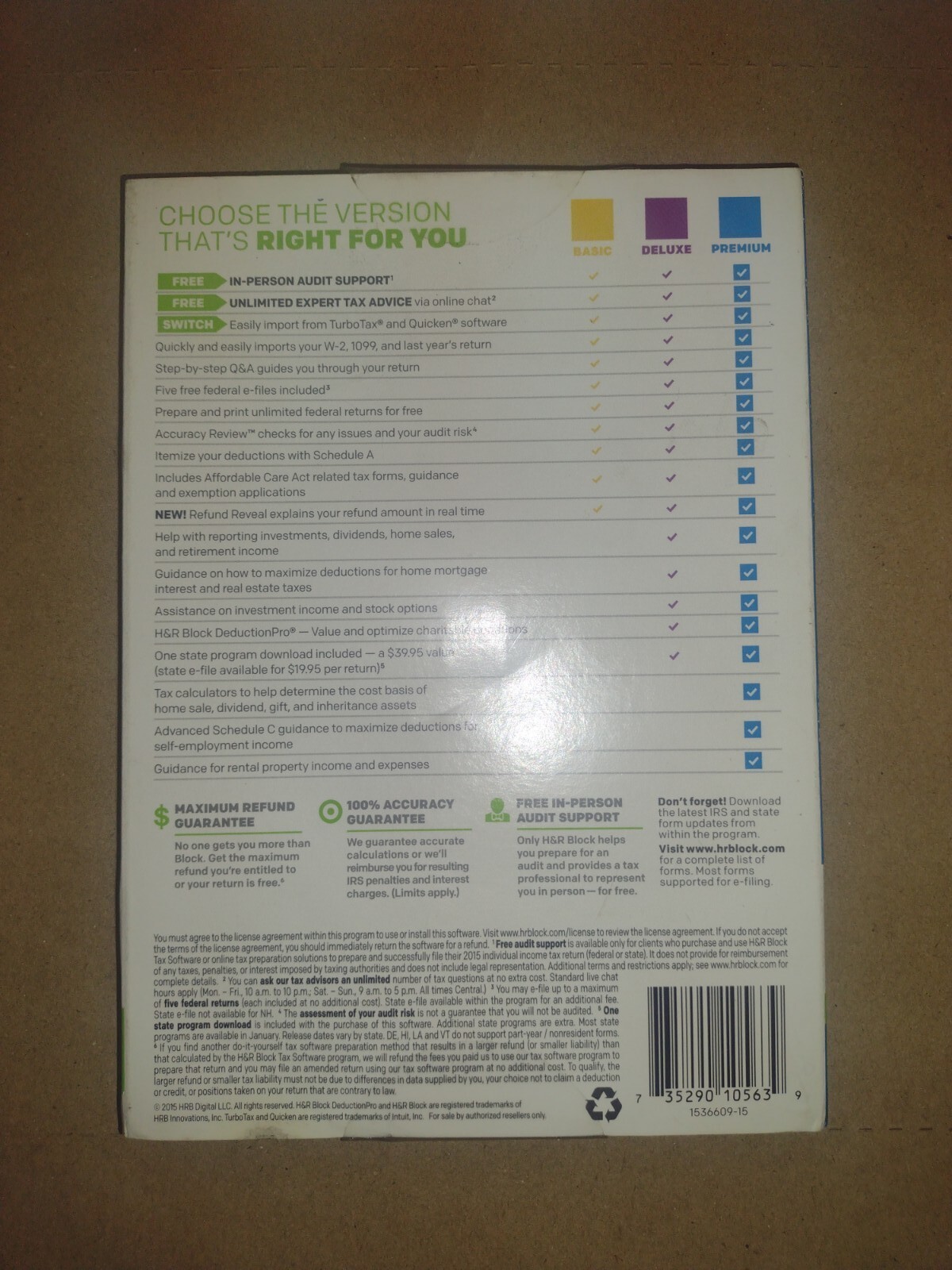 2015 H&R Block PREMIUM Federal State Self employed, Property Owner CD Sealed