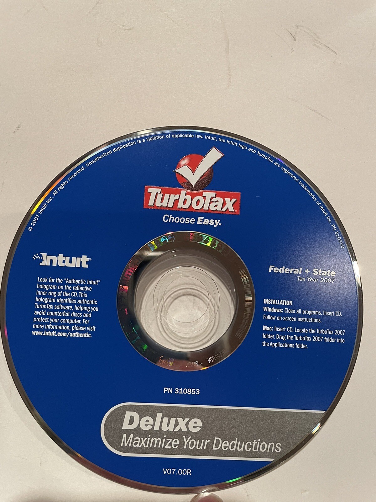 Intuit TurboTax Deluxe 2007 CD-ROM Windows Mac Federal And State