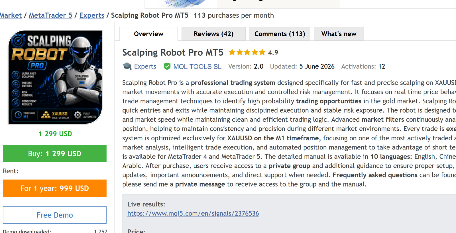 v2.0 Scalping Robot Pro EA Metatrader MT5 Gold Bot Trading Forex Robot