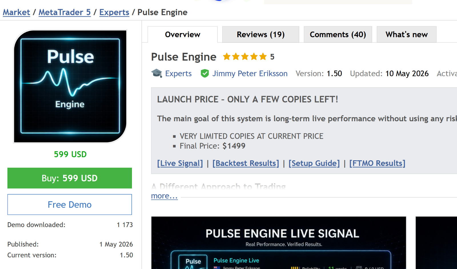 v1.8 Pulse Engine EA Metatrader MT5 Gold Bot Trading Forex Robot BTC Scalper