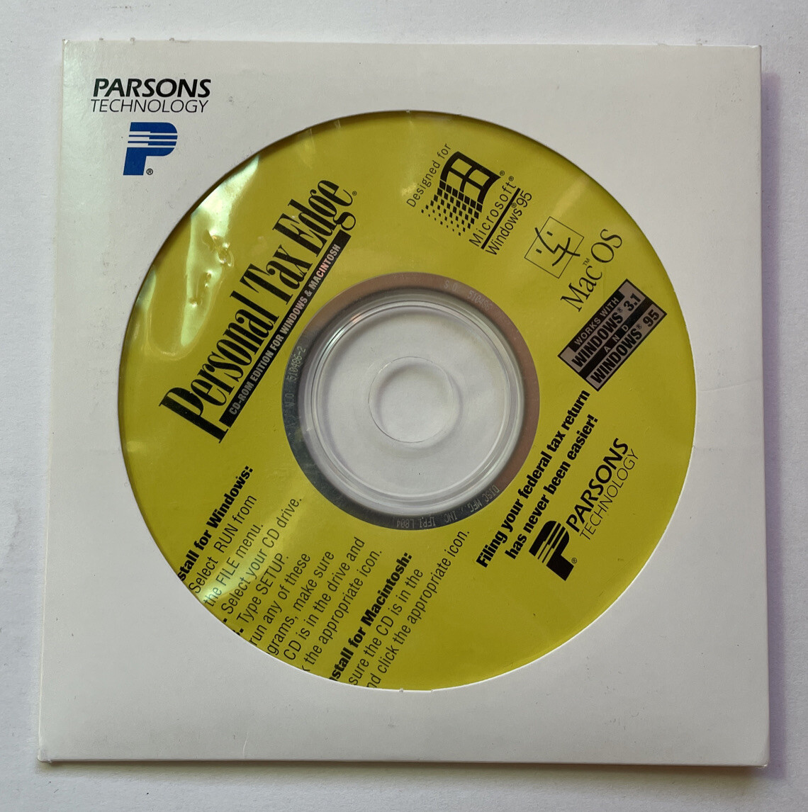 Parsons Personal Tax Edge 1995, Windows 3.1, 95 and Mac, VINTAGE SOFTWARE Intuit