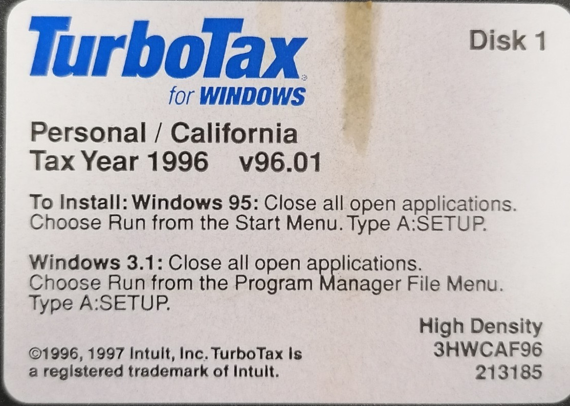 [Disk 1] TurboTax For Windows Personal/California Tax Year 1996 v96.01