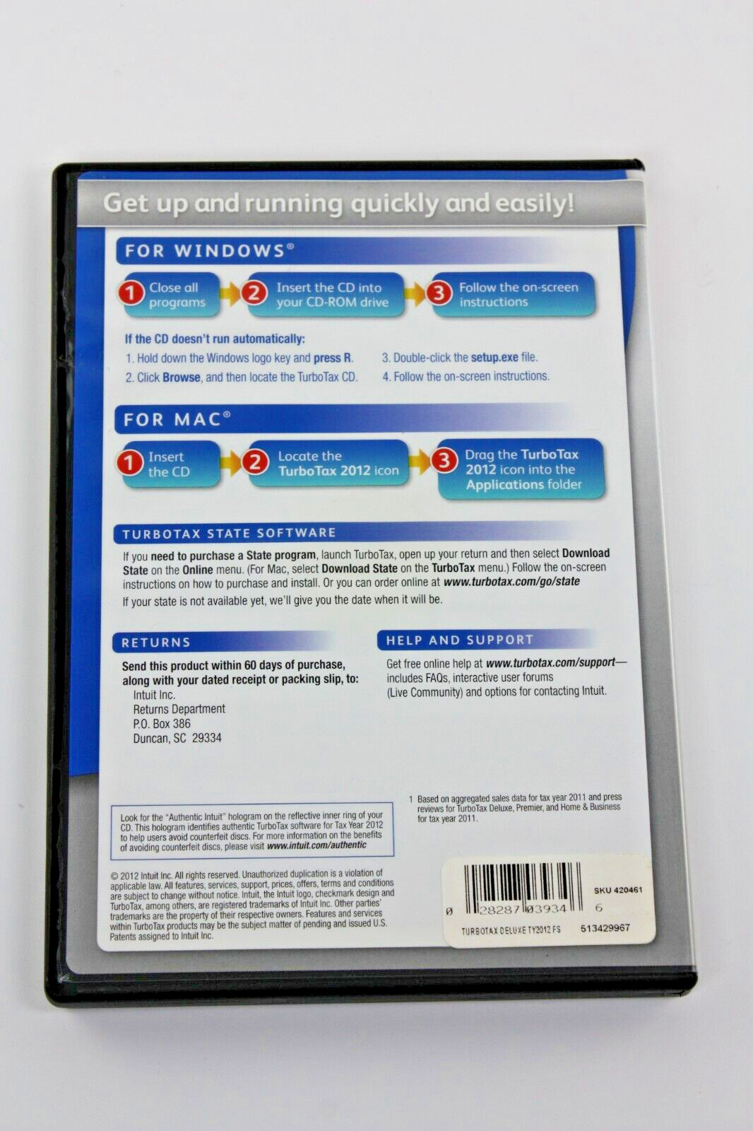 Turbotax 2012 Deluxe Federal and State + Federal E-file – Open box, preowned