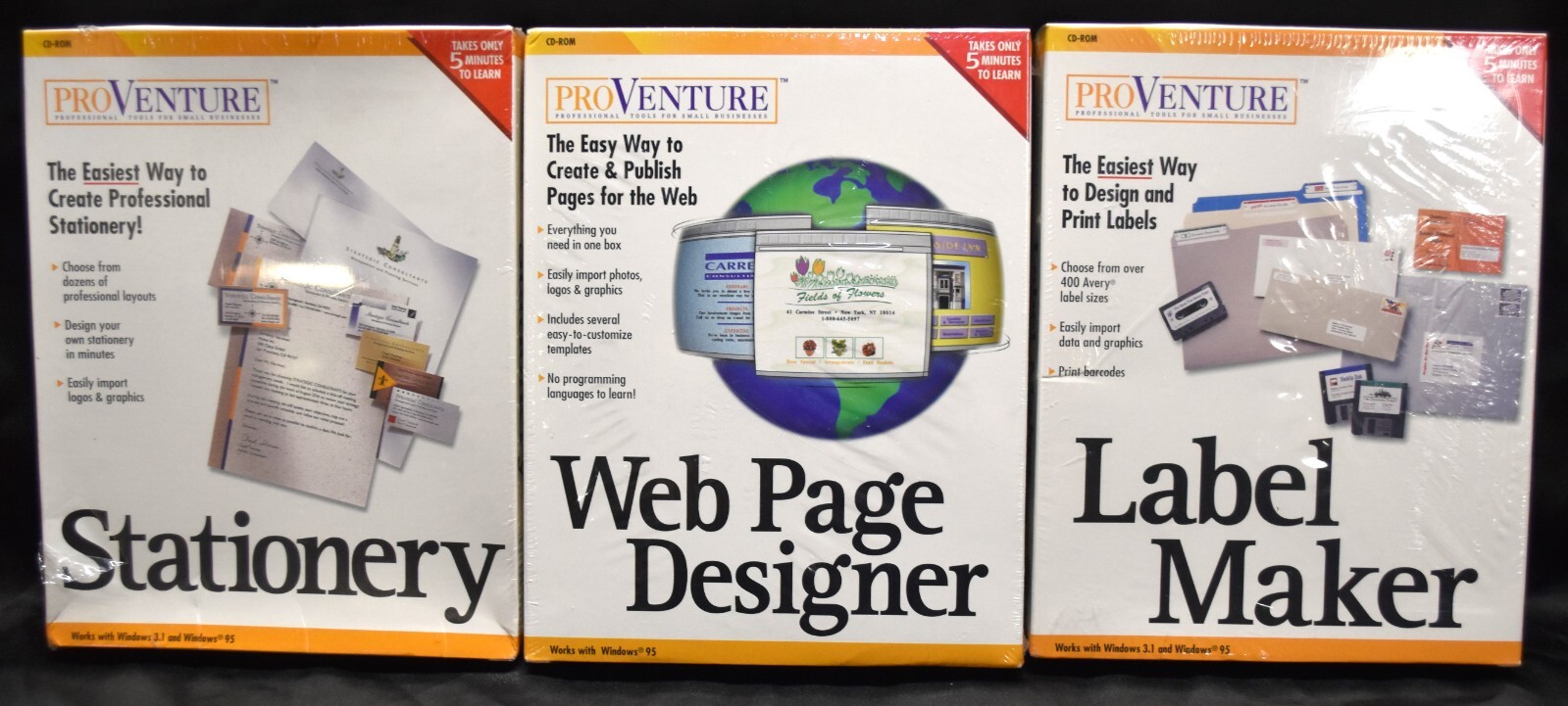 PRO VENTURE Windows 3.1/95 CD-ROM Stationery, Web Design, Label Maker – NIB