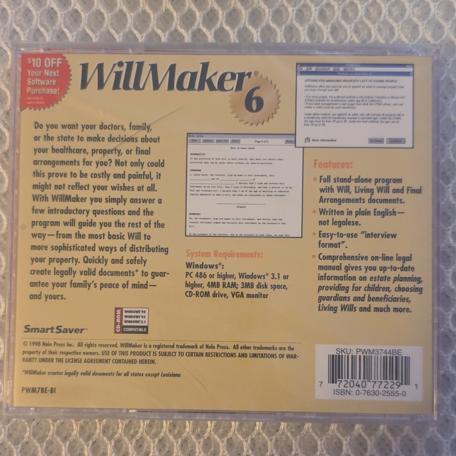 SmartSaver WillMaker 6 Home Legal Software CD for Windows 3.1/95/98