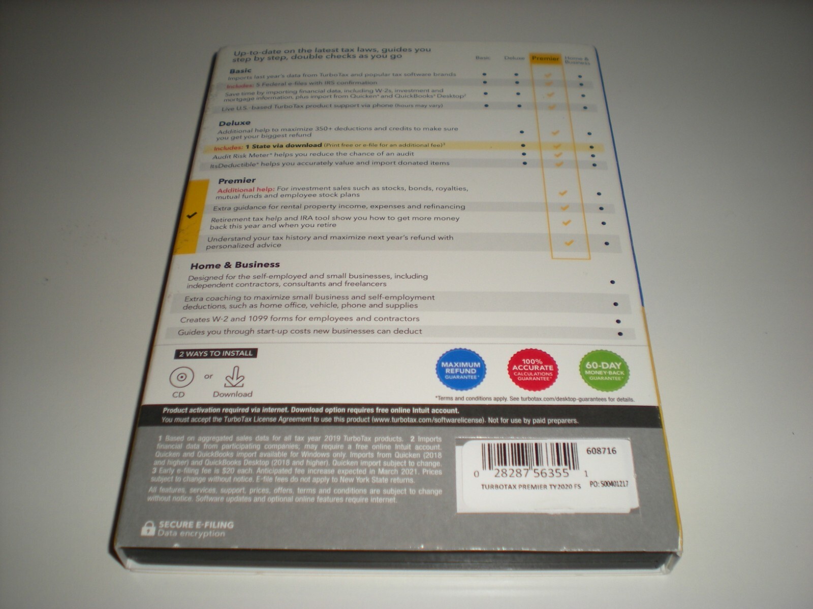 Turbotax 2020 Premier & State. (Better than Turbotax 2020 Deluxe). New. Sealed.