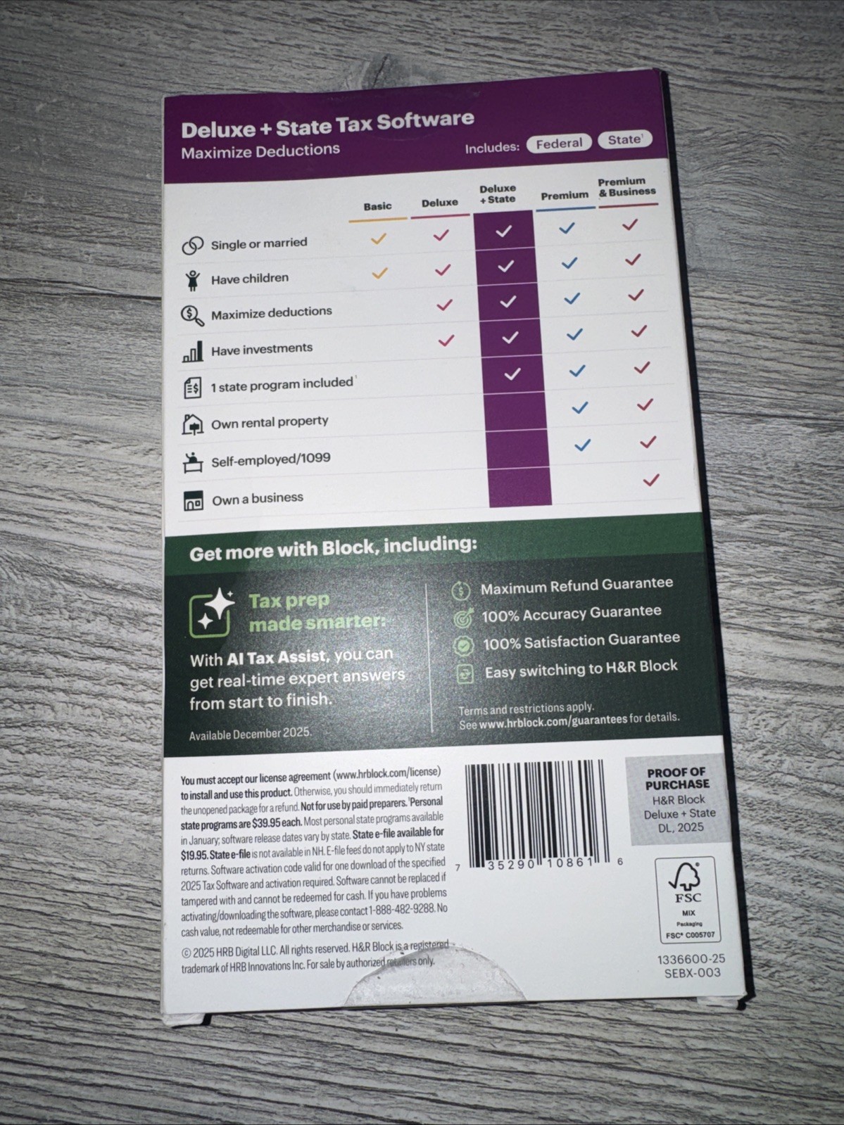 H&R Block Tax Software Deluxe +State 2025 Key Card sealed box