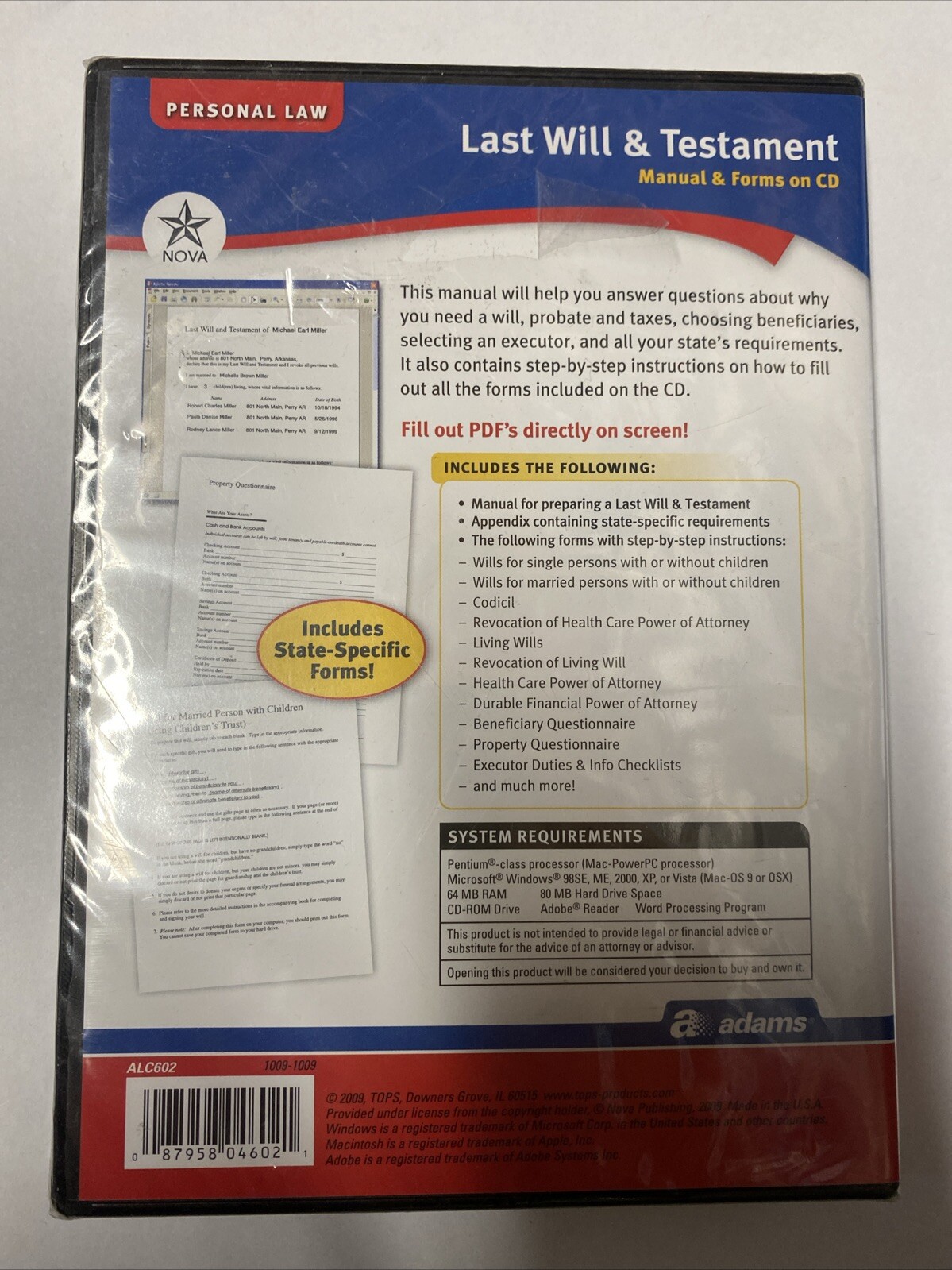 Adams Last Will & Testament Manual & Forms on CD Personal Law New Sealed