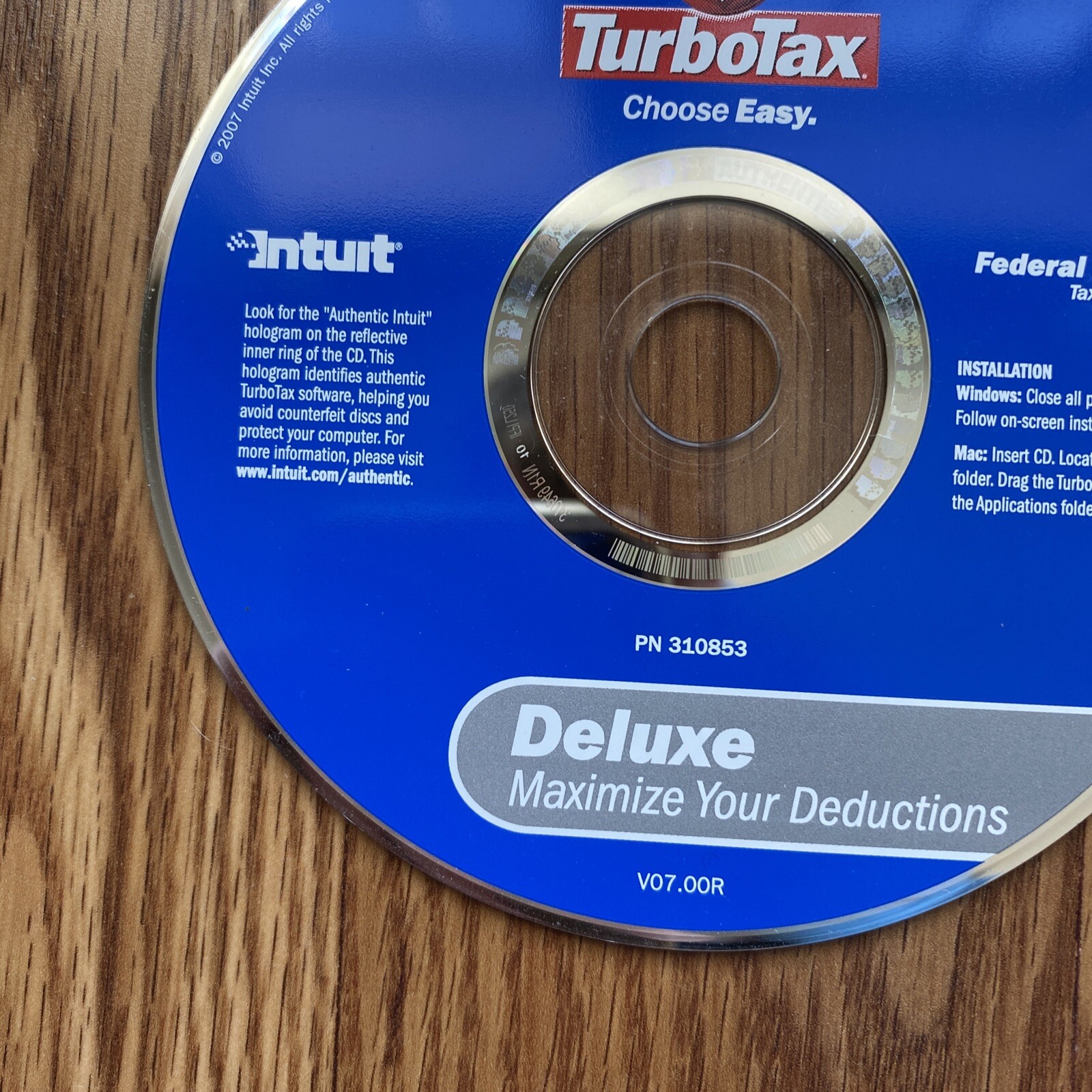 Turbotax Deluxe 2007 Federal & State Tax Software For Win & Mac Disc Disk CD
