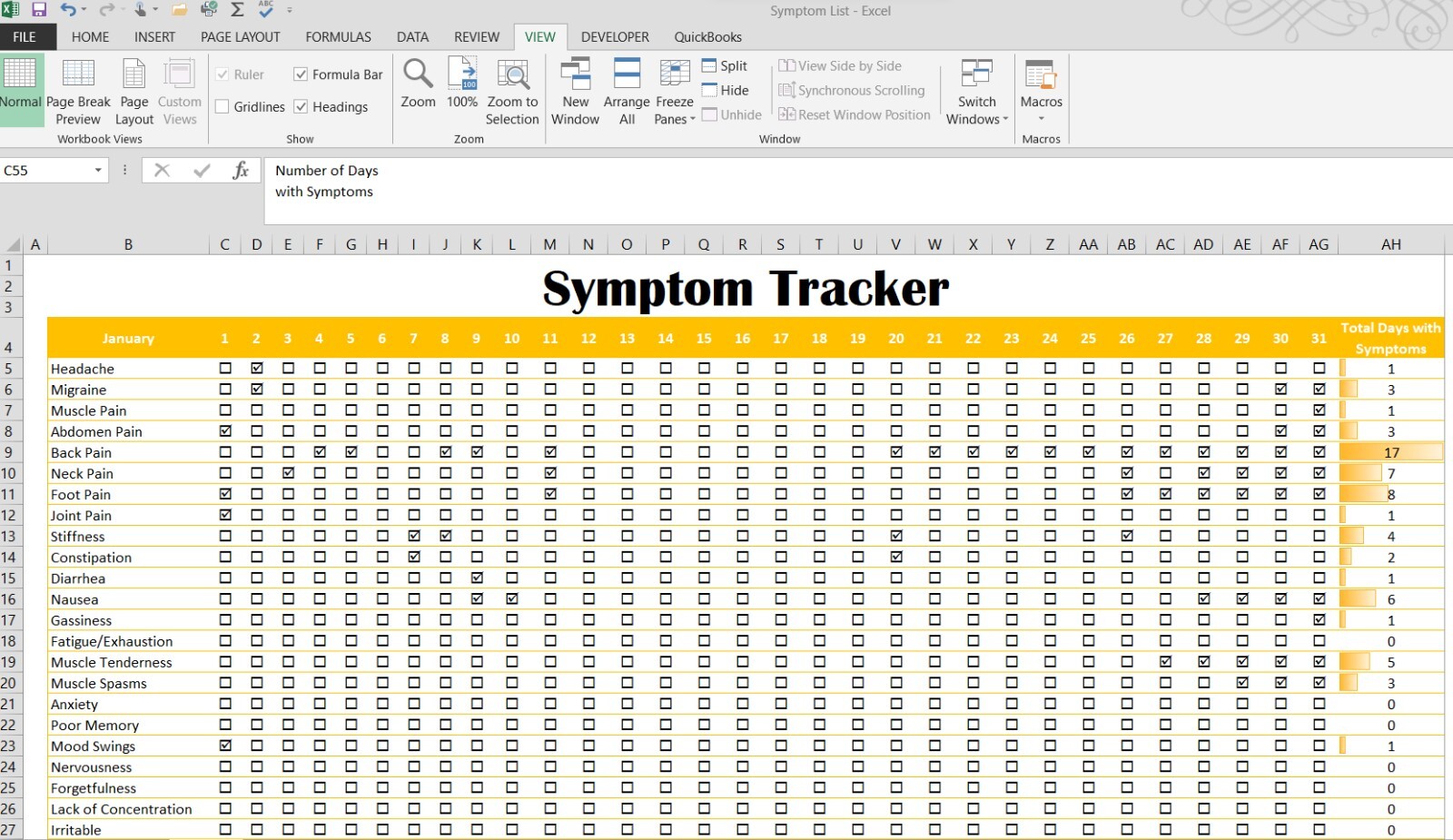 Easy to Use Health Symptom Tracker Excel Workbook Spreadsheet Template