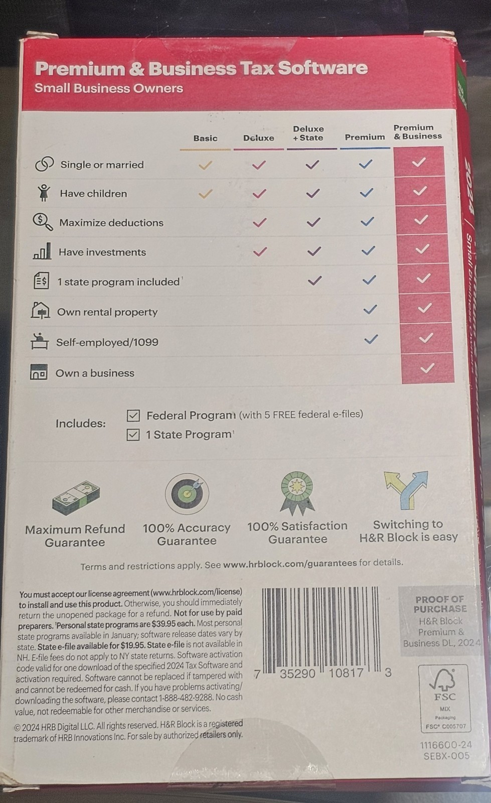 H&R Block Tax Software Premium & Business 2024 [Boxed Key Card] Free Shipping