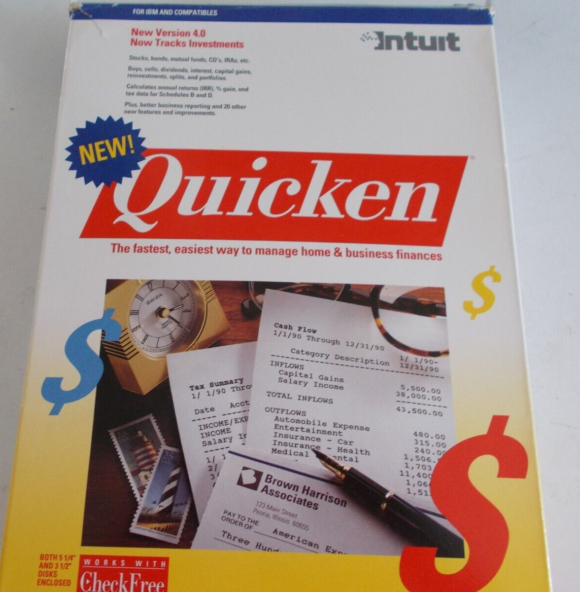 Intuit Quicken 4.0 IBM PC XT AT PS/2 PS/1 Software w/ 5 1/4″ and 3 1/2″ Discs