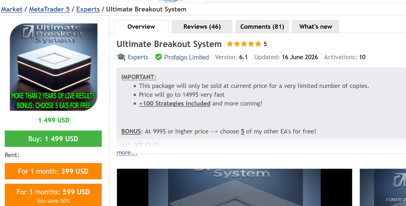 v6.1 Ultimate Breakout System MQL5 MT5 Expert Advisor Algo Trading Bot for Gold