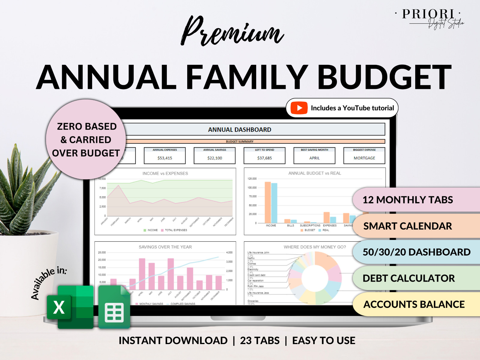 Annual Family Budget Monthly Budget Tracker Excel Spreadsheet Google Sheet