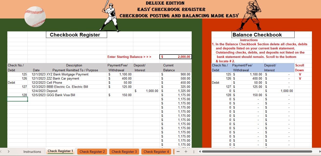Checkbook Register Excel Spreadsheet, For PC or Android + FREE Budget Template