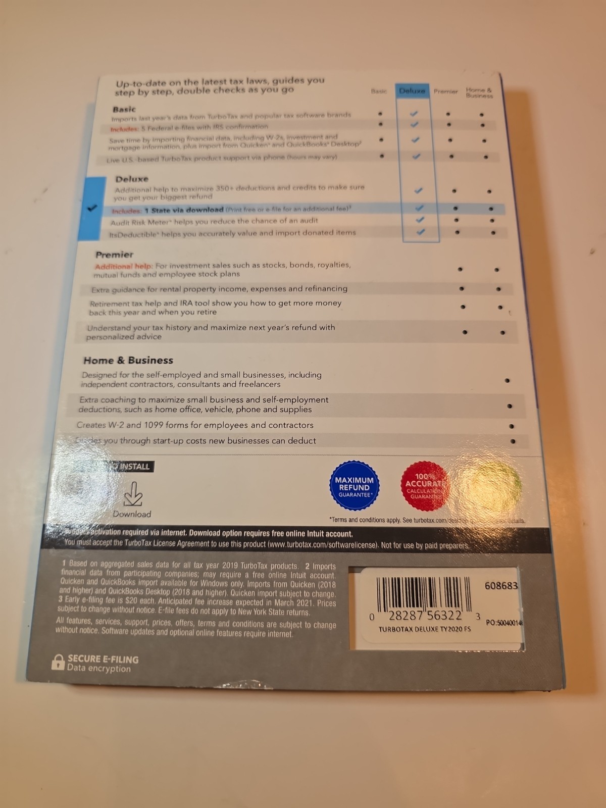 TurboTax Deluxe Desktop 2020 Federal & State Tax Return Product Key Card Desktop