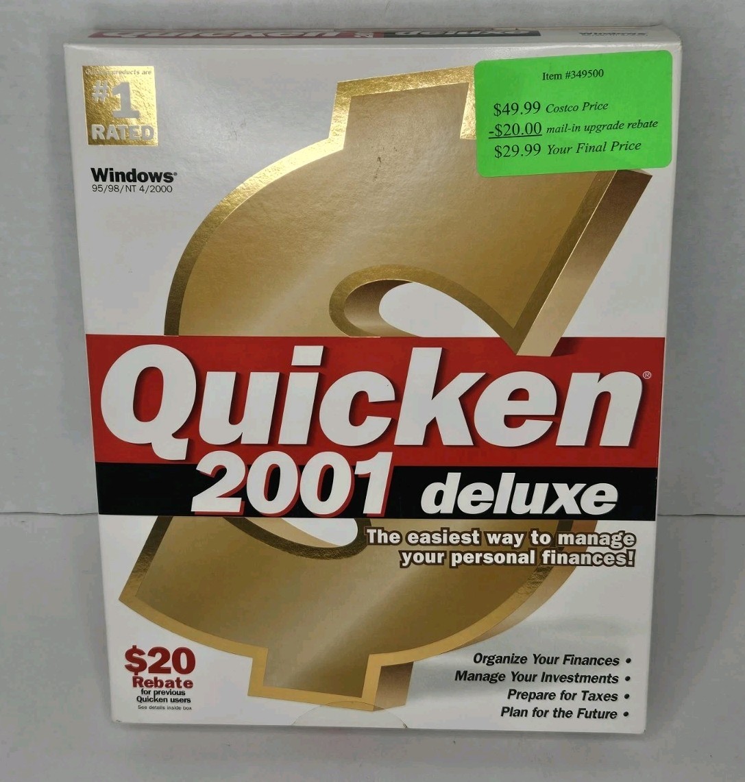 Quicken 2001 Deluxe Windows 95/98/NT 4/2000 Big Box Brand New Sealed PC CD-ROM
