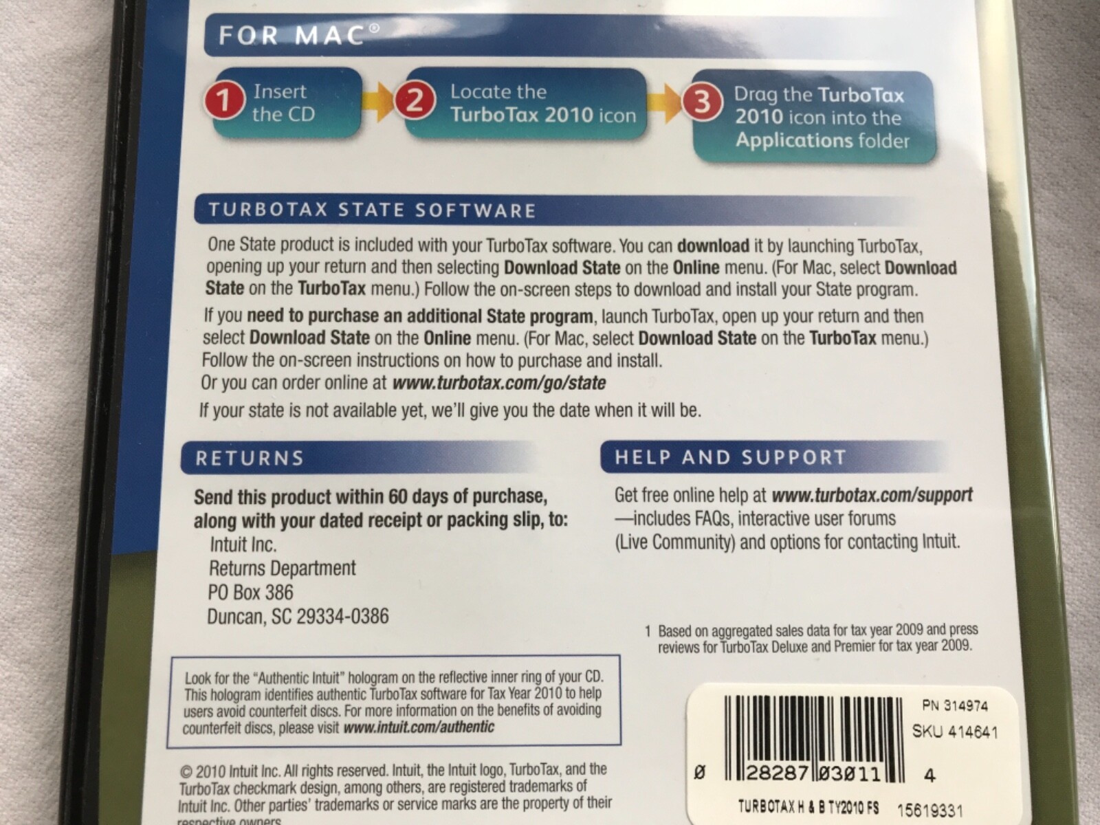 2010 TURBO TAX FED & ST. RETURNS HOME & BUSINESS SCHEDULE C SINGLE MEMBER LLC