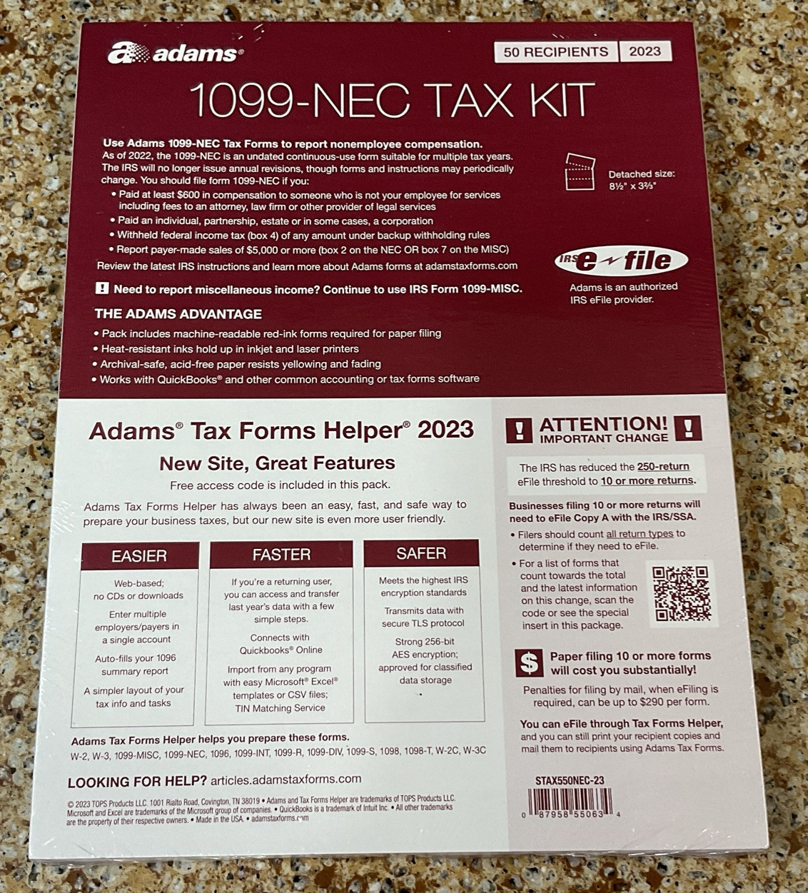 2023 ADAMS 1099-NEC TAX KIT FORMS 5-PART 50 RECIPIENTS+SUMMARY