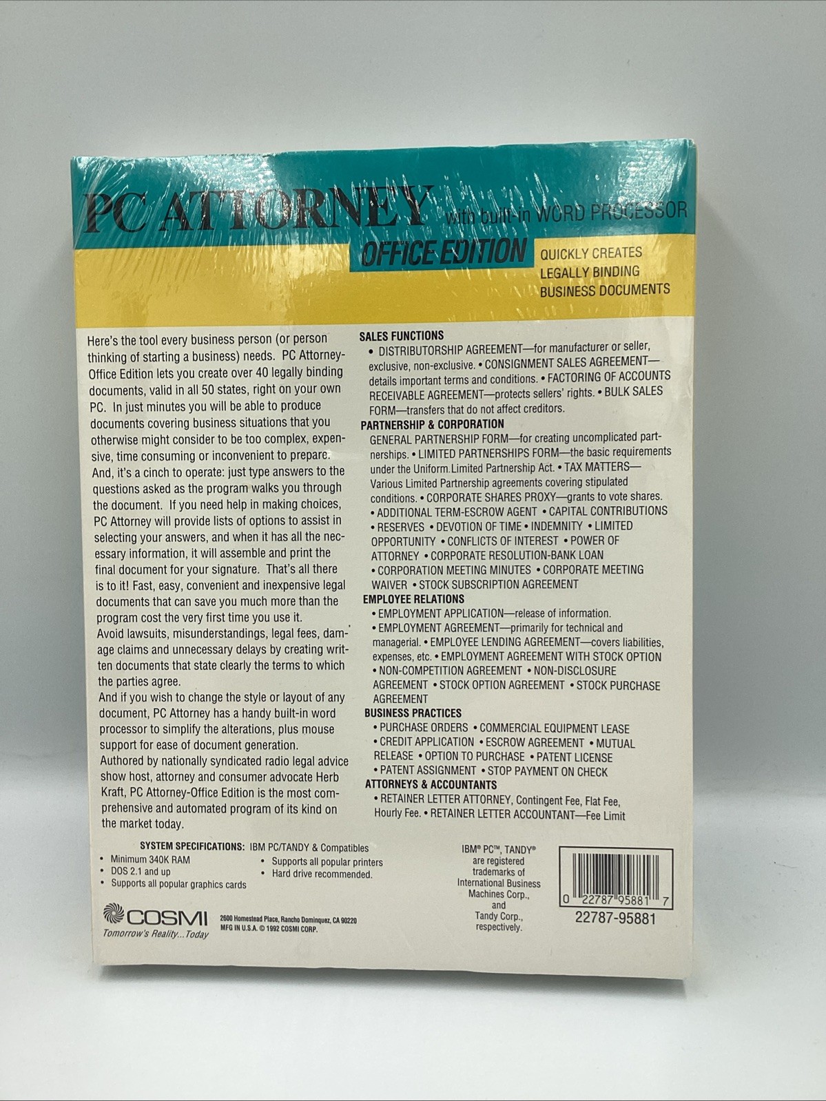 Cosmi Home Office PC Attorney Office Edition Legal Doc Creator 1992 Vintage NEW